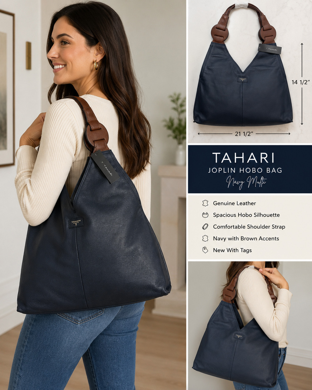 Tahari Joplin Leather Hobo Bag Navy Multi Genuine Leather NWT Shoulder Purse